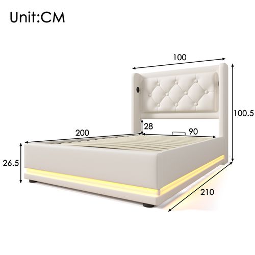 Lit Coffre Design 90x200 Cm - Éclairage LED et USB et Type-c Intégré - Blanc Pu