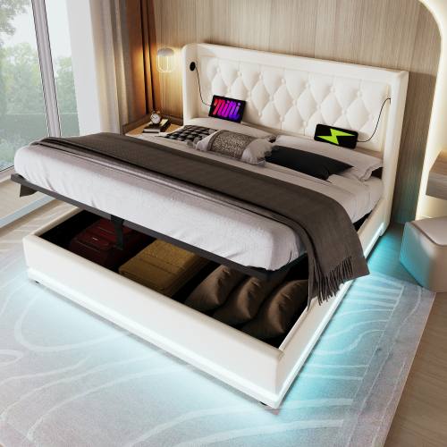 Lit Coffre Design 180x200 Cm - Éclairage LED et USB et Type-c Intégré - Blanc Pu