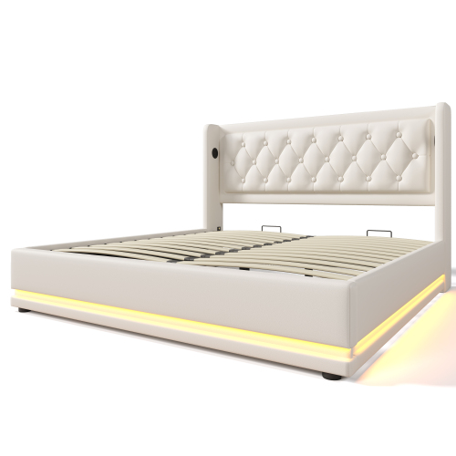 Lit Coffre Design 180x200 Cm - Éclairage LED et USB et Type-c Intégré - Blanc Pu