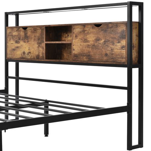 Lit Adulte 140x200 Cm Avec Tête De Lit Rangement, En Métal, Bois