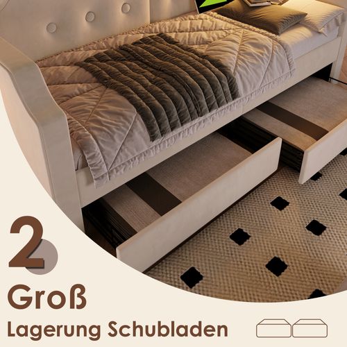 Lit Enfant 90x200 Cm Velours - 2 Tiroirs + USB-c + Lampe - Beige