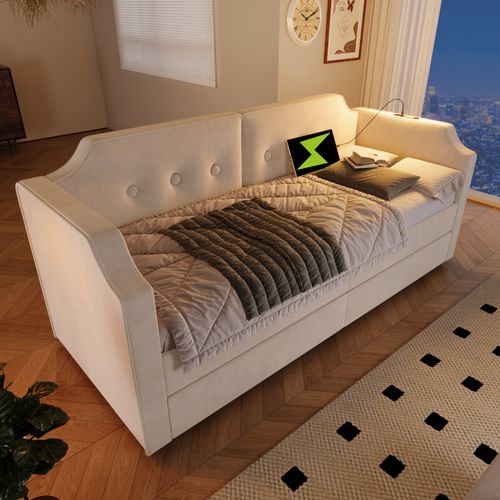 Lit Enfant 90x200 Cm Velours - 2 Tiroirs + USB-c + Lampe - Beige