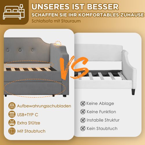 Lit Enfant 90x200 Cm Velours - 2 Tiroirs de rangement + USB-c + Lampe - Gris
