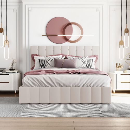 Lit Double 140x200 Cm, Lit Coffre Hydraulique Avec Sommier à Lattes, Tissu Velours, Blanc Crème