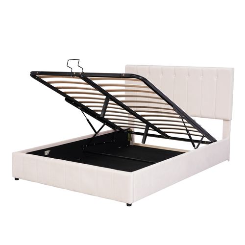 Lit Double 140x200 Cm, Lit Coffre Hydraulique Avec Sommier à Lattes, Tissu Velours, Blanc Crème