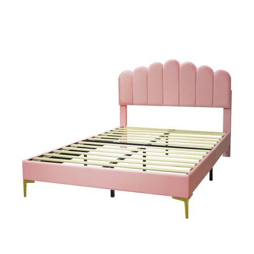 Lit Double Rembourré 140 X 200 Cm, Cadre De Lit Avec Tête De Lit Et Sommier à Lattes, Velours Rose