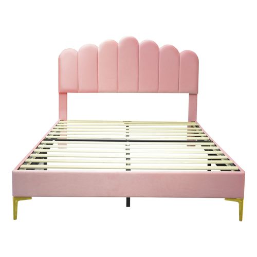 Lit Double Rembourré 140 X 200 Cm, Cadre De Lit Avec Tête De Lit Et Sommier à Lattes, Velours Rose