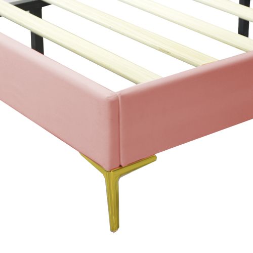 Lit Double Rembourré 140 X 200 Cm, Cadre De Lit Avec Tête De Lit Et Sommier à Lattes, Velours Rose