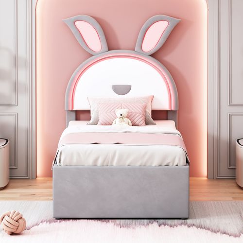 Lit Gigogne Enfant LED 90x200/90x190 Cm Avec Tiroirs, Tête De Lit En Forme De Lapin, Velours Gris