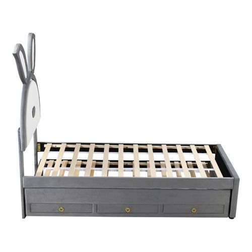 Lit Gigogne Enfant LED 90x200/90x190 Cm Avec Tiroirs, Tête De Lit En Forme De Lapin, Velours Gris