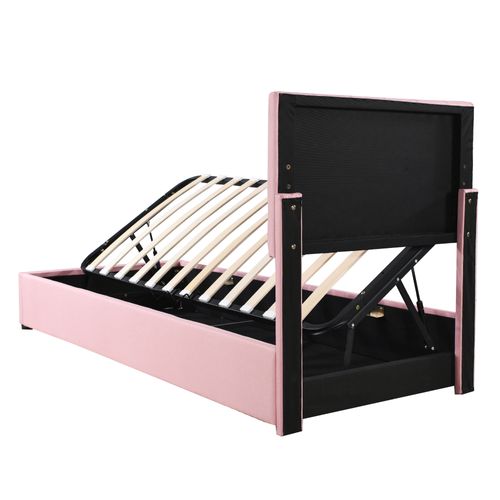 Lit Enfant Rembourré 90x200 Cm, Lit Coffre Hydraulique, Rayures Verticales Classiques, En Lin, Rose