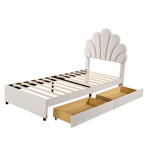 Lit Enfant Simple 90 X 200 Cm, Avec Tête De Lit En Forme De Fleur Et 2 Tiroirs, Velours Beige