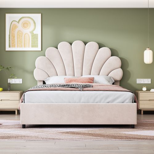 Lit Coffre Lit Double 140 X 200 Cm, Tête De Lit En Forme De Fleur Et Sommier à Lattes, Velours Beige