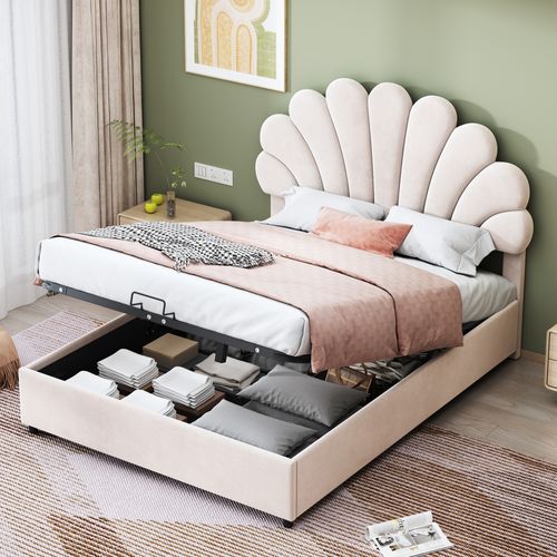 Lit Coffre Lit Double 140 X 200 Cm, Tête De Lit En Forme De Fleur Et Sommier à Lattes, Velours Beige