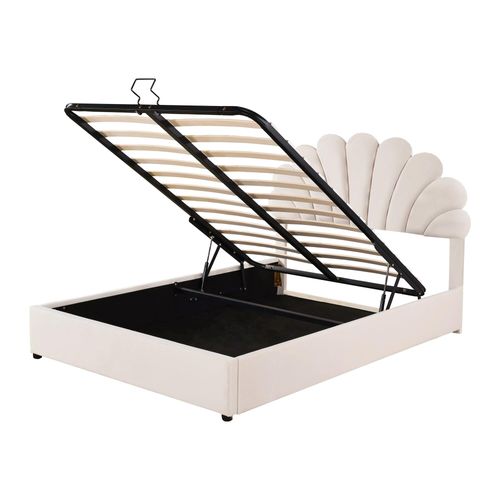 Lit Coffre Lit Double 140 X 200 Cm, Tête De Lit En Forme De Fleur Et Sommier à Lattes, Velours Beige
