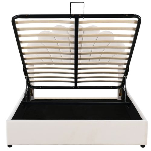 Lit Coffre Lit Double 140 X 200 Cm, Tête De Lit En Forme De Fleur Et Sommier à Lattes, Velours Beige