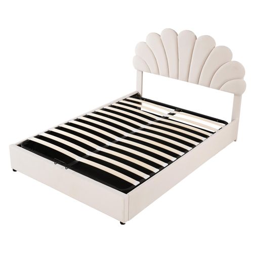 Lit Coffre Lit Double 140 X 200 Cm, Tête De Lit En Forme De Fleur Et Sommier à Lattes, Velours Beige