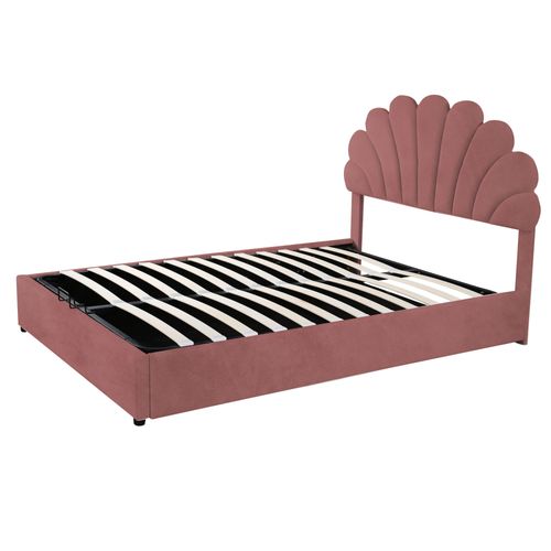 Lit Coffre Lit Double 140 X 200 Cm, Tête De Lit En Forme De Fleur Et Sommier à Lattes, Velours Rose