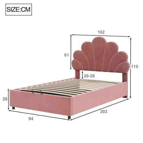 Lit Coffre Enfant 90x200cm, Avec Tête De Lit En Forme De Fleur, Tête De Lit Réglable, Velours Rose