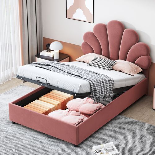 Lit Coffre Enfant 90x200cm, Avec Tête De Lit En Forme De Fleur, Tête De Lit Réglable, Velours Rose