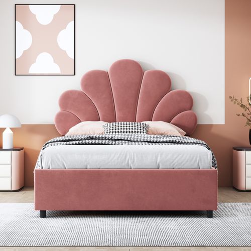 Lit Coffre Enfant 90x200cm, Avec Tête De Lit En Forme De Fleur, Tête De Lit Réglable, Velours Rose