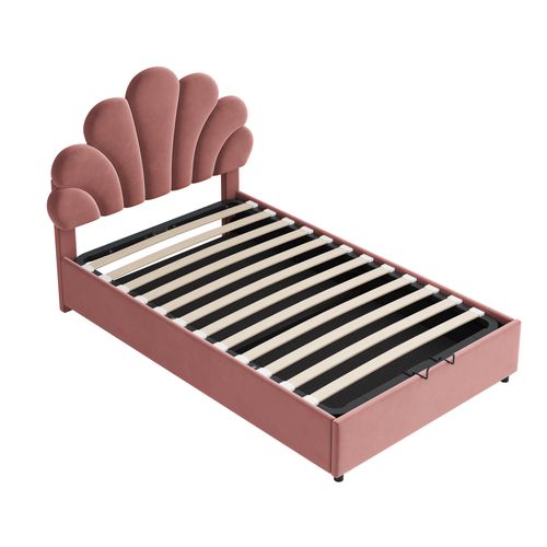 Lit Coffre Enfant 90x200cm, Avec Tête De Lit En Forme De Fleur, Tête De Lit Réglable, Velours Rose