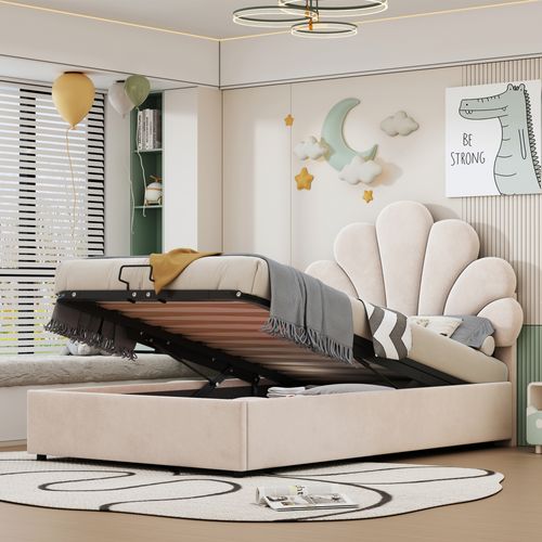 Lit Coffre Enfant 90x200cm, Avec Tête De Lit En Forme De Fleur, Tête De Lit Réglable, Velours Beige