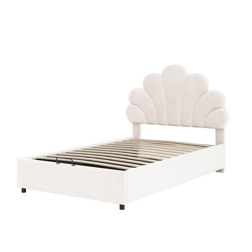 Lit Coffre Enfant 90x200cm, Avec Tête De Lit En Forme De Fleur, Tête De Lit Réglable, Velours Beige