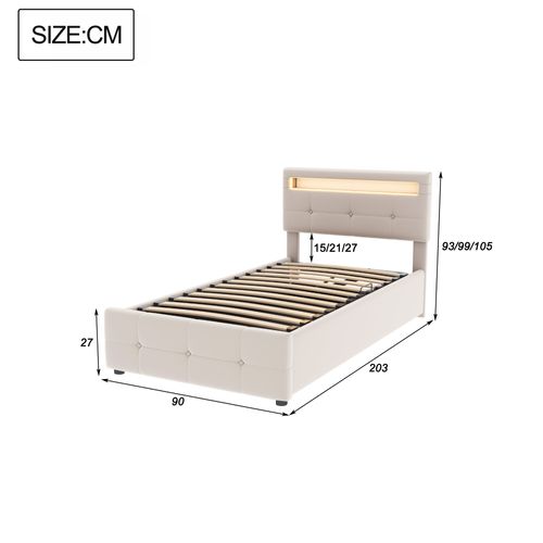 Lit Coffre Enfant 90 X 200 Cm, Lit Simple Avec Éclairage LED, Tête De Lit Réglable, Velours, Beige