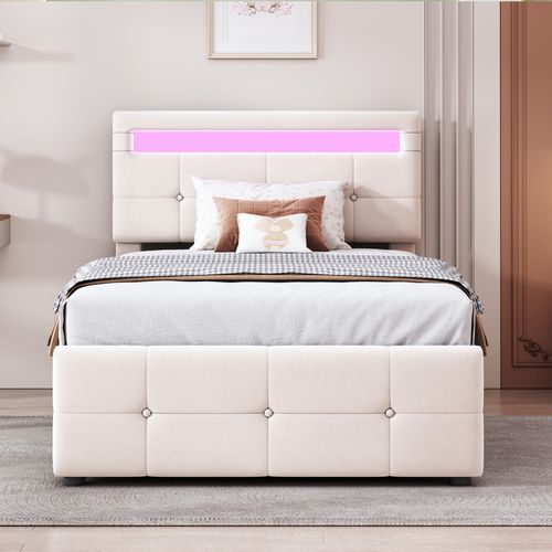 Lit Coffre 90x200 Cm Avec Rangement Hydraulique Et Leds - Tête De Lit Réglable, Velours Beige - Sans Matelas - Enfant/Adulte