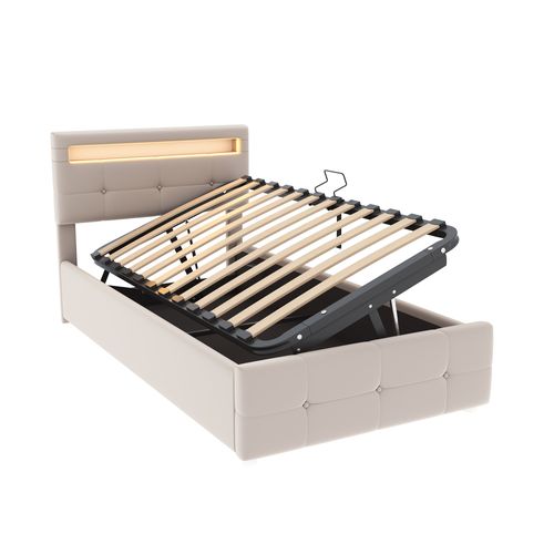 Lit Coffre Enfant 90 X 200 Cm, Lit Simple Avec Éclairage LED, Tête De Lit Réglable, Velours, Beige