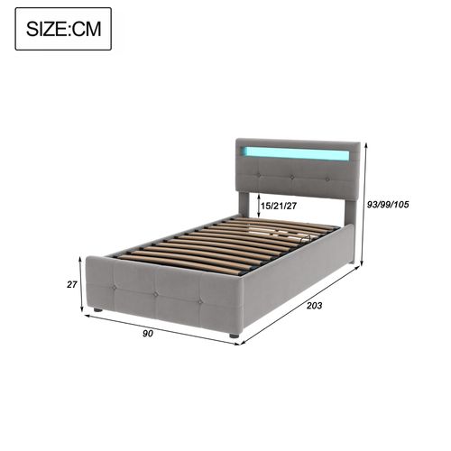 Lit Coffre Enfant 90 X 200 Cm, Lit Simple Avec Éclairage LED, Tête De Lit Réglable, Velours, Gris
