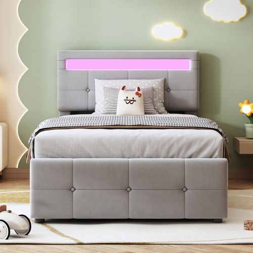 Lit Coffre Enfant 90 X 200 Cm, Lit Simple Avec Éclairage LED, Tête De Lit Réglable, Velours, Gris