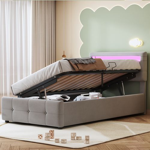 Lit Coffre Enfant 90 X 200 Cm, Lit Simple Avec Éclairage LED, Tête De Lit Réglable, Velours, Gris