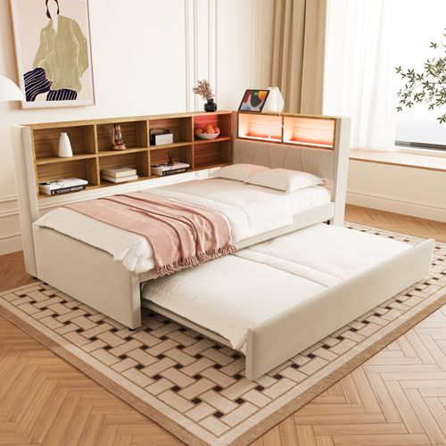Lit Enfant Lit Gigogne 90x200/90x190cm, Avec LED, Prises Et Nombreux Rangements, Flanelle, Beige