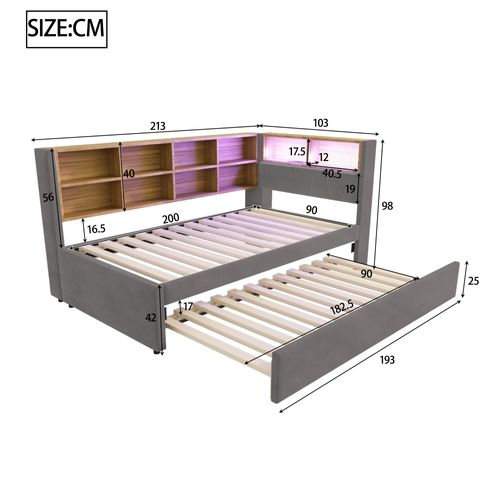 Lit Enfant Lit Gigogne 90x200/90x190cm, Avec LED, Prises Et Nombreux Rangements, Flanelle Gris Foncé