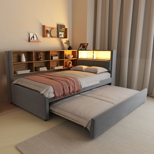 Lit Enfant Lit Gigogne 90x200/90x190cm, Avec LED, Prises Et Nombreux Rangements, Flanelle Gris Foncé
