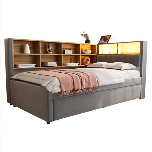 Lit Enfant Lit Gigogne 90x200/90x190cm, Avec LED, Prises Et Nombreux Rangements, Flanelle Gris Foncé