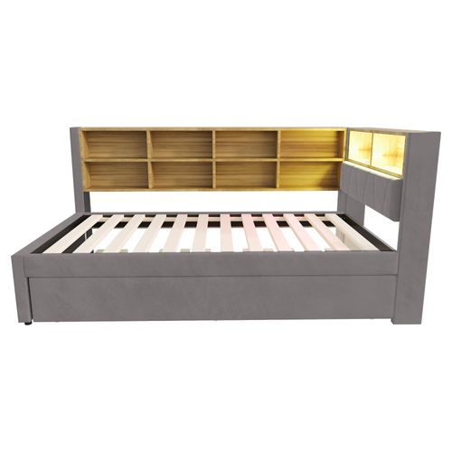 Lit Enfant Lit Gigogne 90x200/90x190cm, Avec LED, Prises Et Nombreux Rangements, Flanelle Gris Foncé