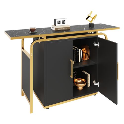 Buffet Noir Moderne(140 X 29,5 X 80 Cm), Deux Portes , Poignées Dorées