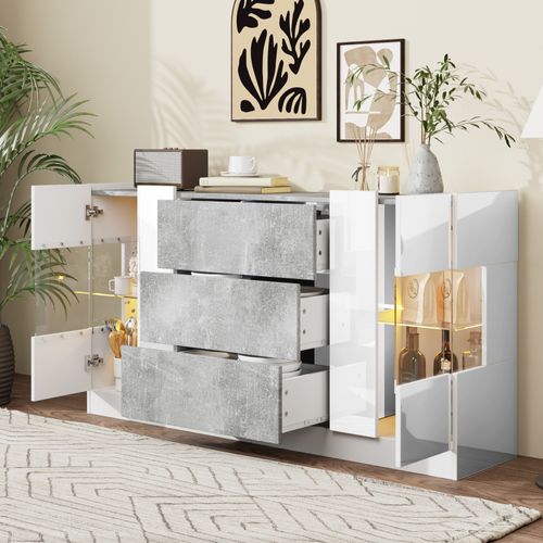 Buffet, 2 Portes Et 3 Tiroirs, LED, 140 X 35 X 75 Cm