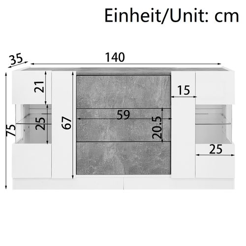Buffet, 2 Portes Et 3 Tiroirs, LED, 140 X 35 X 75 Cm