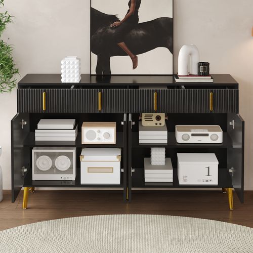 Buffet Avec Poignées Et Pieds Dorés, 4 Portes, 4 Tiroirs, 140x37, 8x82 Cm