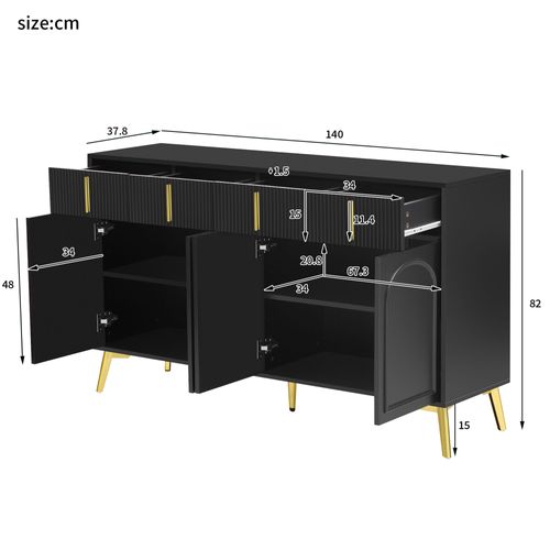 Buffet Avec Poignées Et Pieds Dorés, 4 Portes, 4 Tiroirs, 140x37, 8x82 Cm