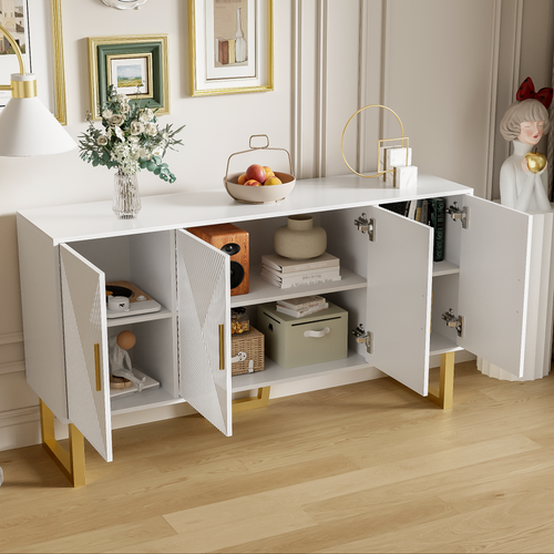 Buffet Blanc De 50 Cm Avec Portes Texturées Brillantes Et Poignées Dorées, 4 Portes