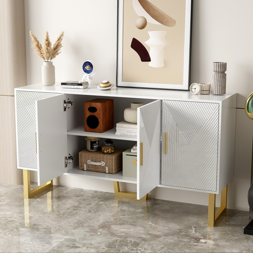 Buffet Blanc De 50 Cm Avec Portes Texturées Brillantes Et Poignées Dorées, 4 Portes
