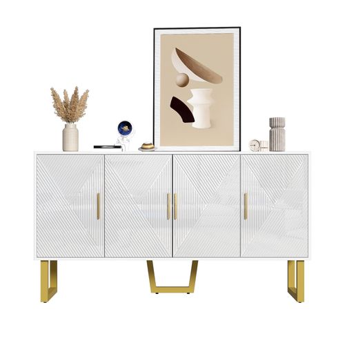 Buffet Blanc De 50 Cm Avec Portes Texturées Brillantes Et Poignées Dorées, 4 Portes