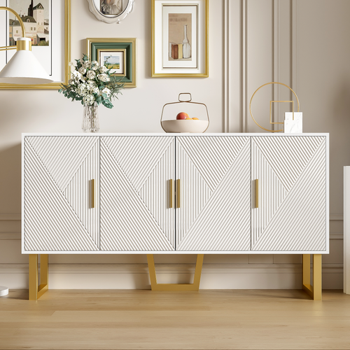 Buffet Blanc De 50 Cm Avec Portes Texturées Brillantes Et Poignées Dorées, 4 Portes