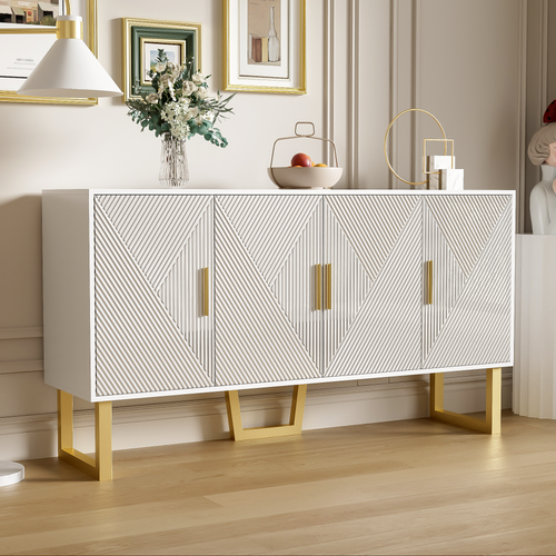 Buffet Blanc De 50 Cm Avec Portes Texturées Brillantes Et Poignées Dorées, 4 Portes