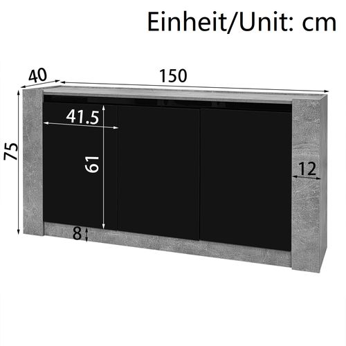 Buffet, 3 Portes, 150x40x75cm, Gris